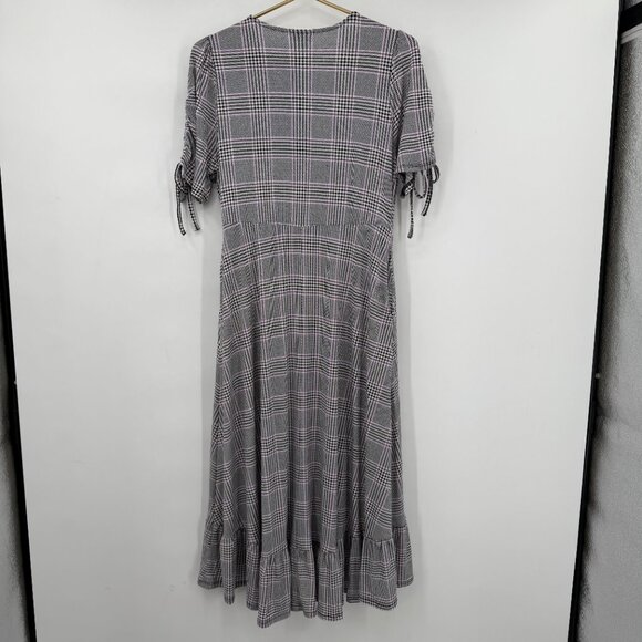 Torrid Plaid Wrap Midi Dress Ruched Sleeves Black Gray Purple Women’s 00 (M/L10) - Picture 4 of 11